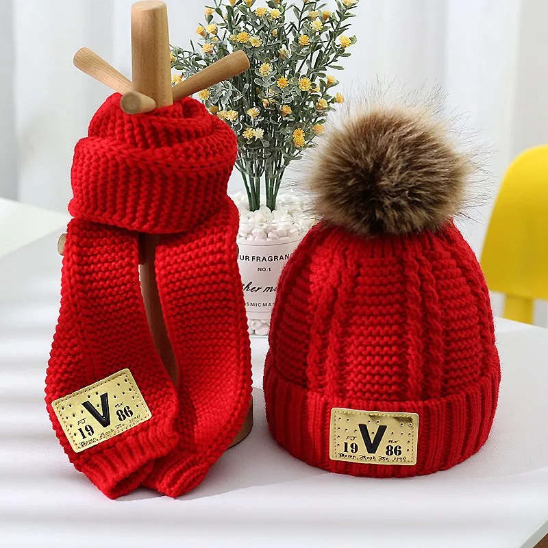 Wool Hat Kids Winter Hat Scarf Set Children's hat and scarf set combination boys and girls lovely thick style autumn winter warm knitting