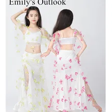 Профессиональный живота, танцевальные костюмы для девушек Детская Восточный юбка для танцев и выступлений с боковыми из 2 частей Одежда для шоу украшение в виде бабочки