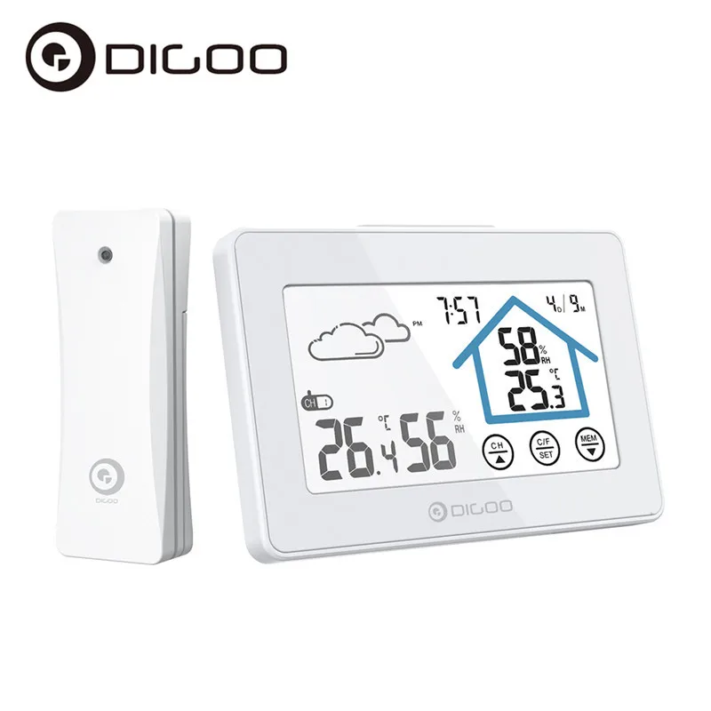 DIGOO DG-TH8380 Touch Screen Weather Station Daily Clock Alarm Thermometer Hygrometer Outdoor Indoor Humidity Temperature Sensor