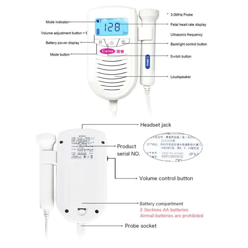 Cofoe Doppler Fetal Baby Heart Monitor fetal doppler + Infrared Forehead Thermometer Body Fever Temperature Measurement Pregnant