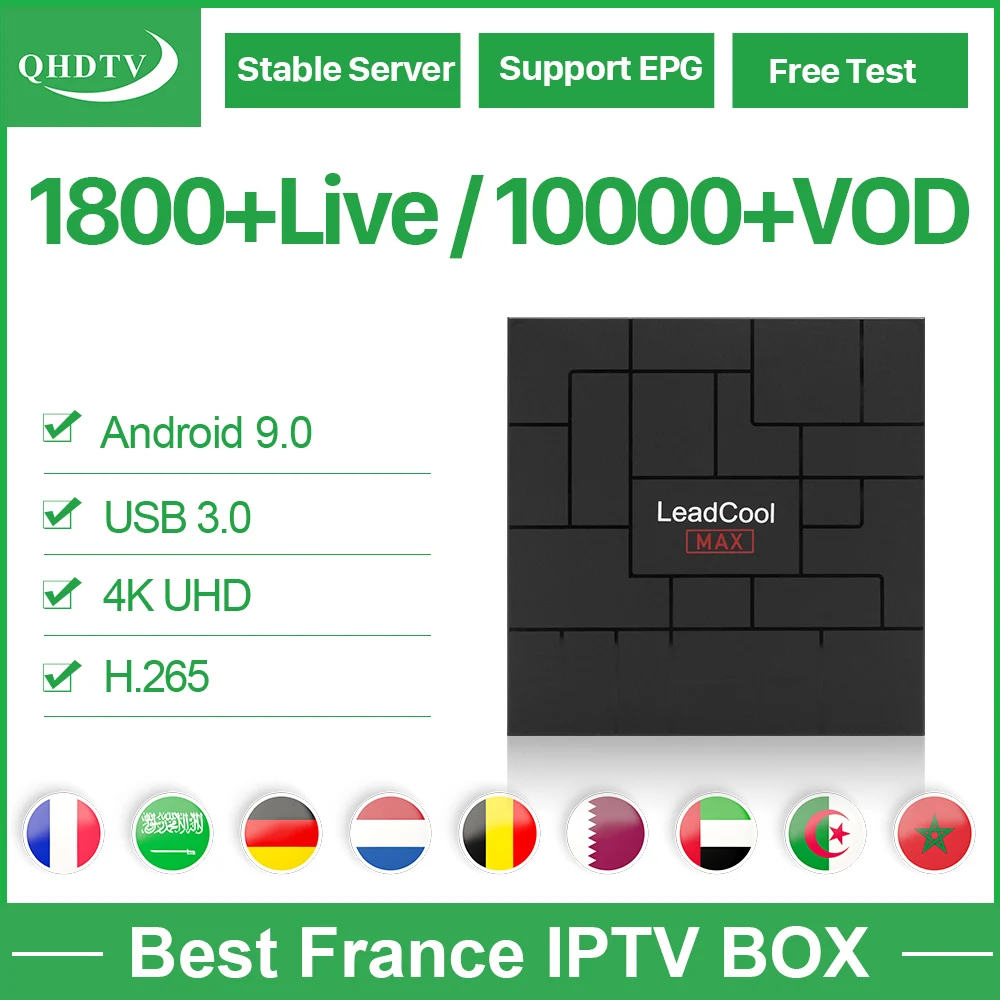 

Leadcool Max Android 9.0 Box France Arabic IPTV RK3318 with 1 Year QHDTV Code Netherlands Belgium Leadcool Max Media Playe