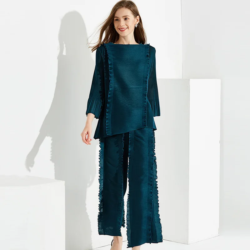 

LANMREM Blue Round Neck Horn Sleeve Wooden Ear T-shirt Elastic Waist Trousers Woman Suit Casual Fashion 2019 Autumn New TV890