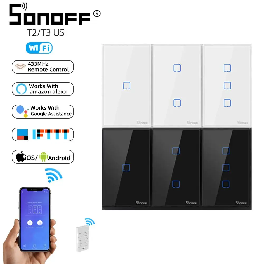 Сенсорный выключатель SONOFF T2/T3 US 1/2/3 Gang Wifi светильник енная розетка 433 МГц RF