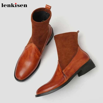 

Lenkisen simple European style cow leather patchwork flock med heels round toe casual solid winter women warm ankle boots L38