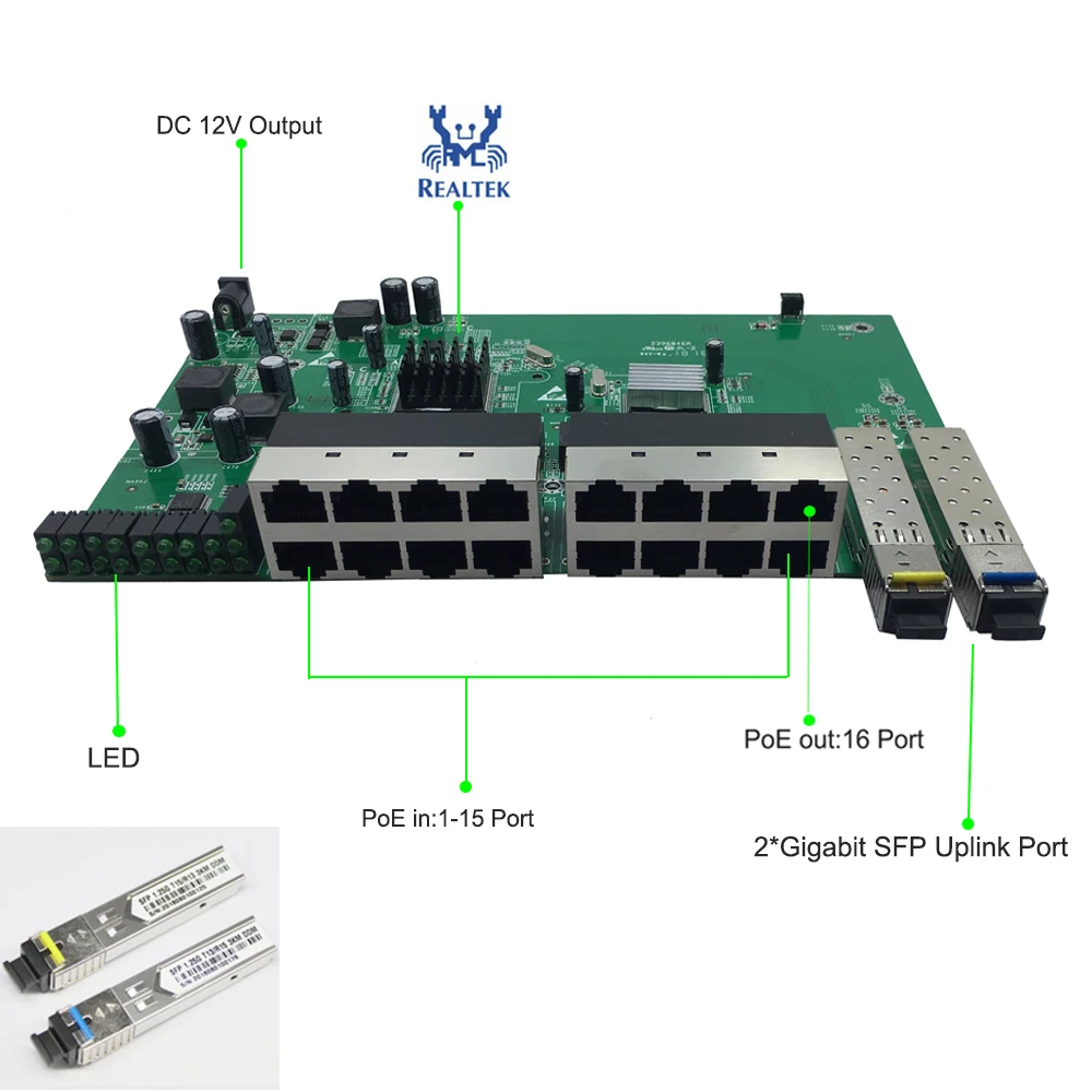 16 Port Gigabit Reverse POE SWITCH With 2 SFP Modules PCB VLAN 
