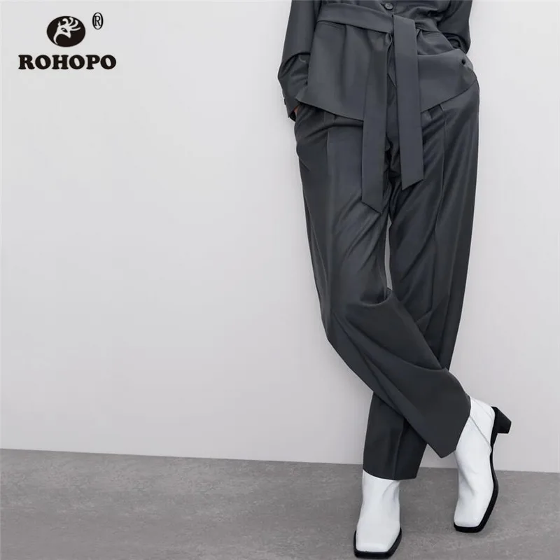 

ROHOPO Full Length Ladies Solid Straight Office Ladies Pant Back Double Welted Pockets Front Zipper Fly Bottoms #6225