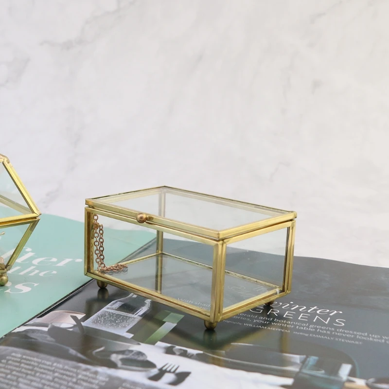 

CPDD Clear Glass Rectangular Metal Jewelry Box Decorative Slanted Top Lid Shadow Box Vintage Jewelry Chest Keepsake Storage Case
