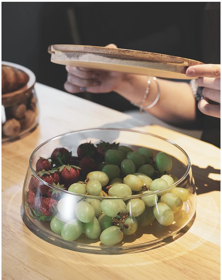 Transparent Glass Stylish Borosilicate Fruit Bowl With Real Bamboo Top - 7.9Inch