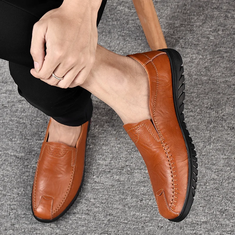 Genuine Leather Men Loafers breathable Handmade Business Casual Mens Shoes slip on outdoor Slip On Men's moccasins | Обувь