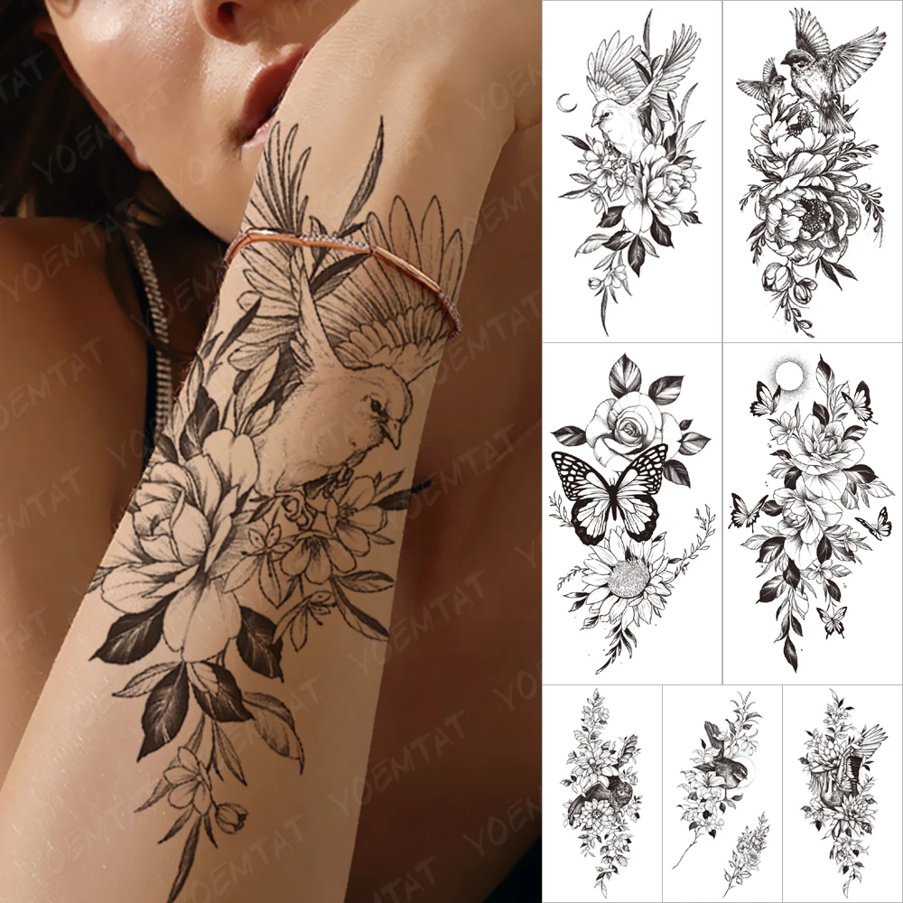 Tatouage Oiseau Et Fleur Bras Autocollant De Tatouage Pour Manches Temporaires, Faux Tatouage Noir, Aile  D'oiseau, Lune, Feuille De Fleur, Bras Peint, Art Corporel Pour Hommes Et  Femmes - Temporaire Tatouages - AliExpress