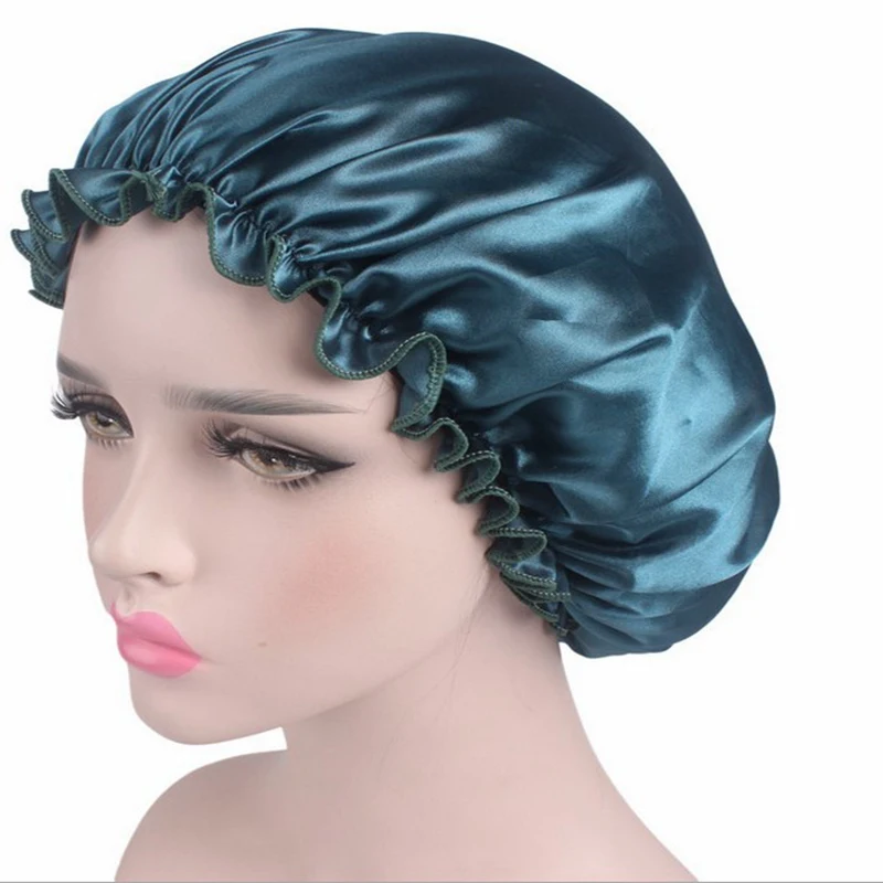Peacock blue Взрослая шапочка для душа s Женская атласная ночная шапочка для сна шапочка для волос шелковая шапочка для головы широкая эластичная лента для взрослых шапочка для душа s - Цвет: Peacock blue
