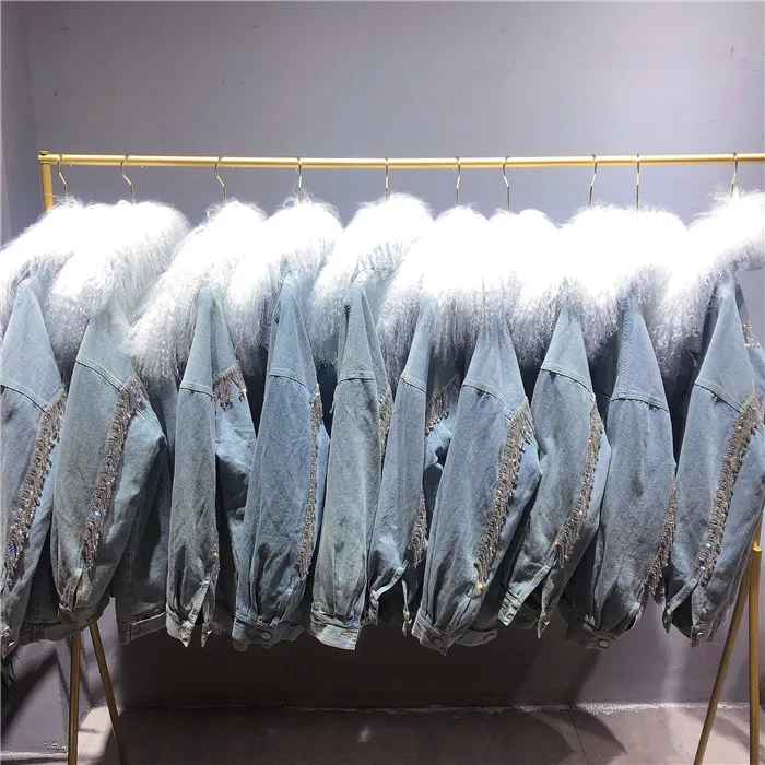 Зимняя модная теплая большая монгольская овечья шерсть воротник Роскошная парка пальто сзади бахрома бриллианты плюс хлопковая подкладка джинсовая куртка для женщин