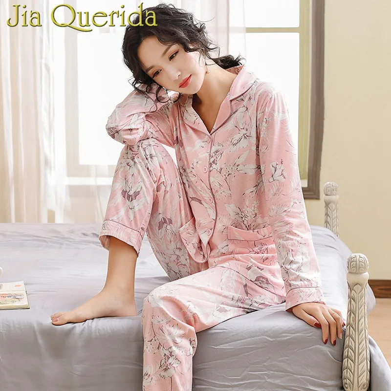 Pajamas For Women New Pure Cotton Women Home Suit XXXL Grey Floral Lapel Cardigan Top+Long Bottoms 2 Pcs Women Pajamas - Цвет: 88415