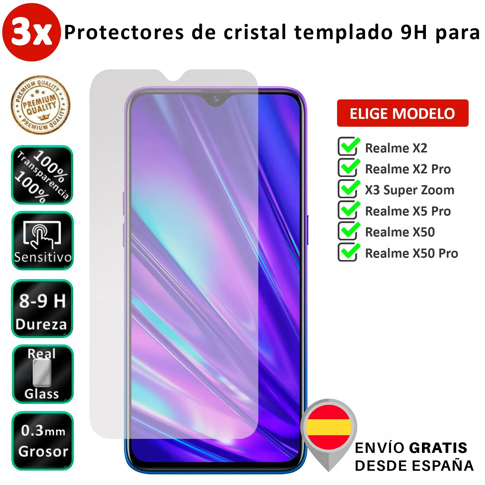 3X Pellicola Salvaschermo Per Realme X2 X3 X5 X50 Pro Super Zoom. Vetro Temperato Trasparente Per Movil.