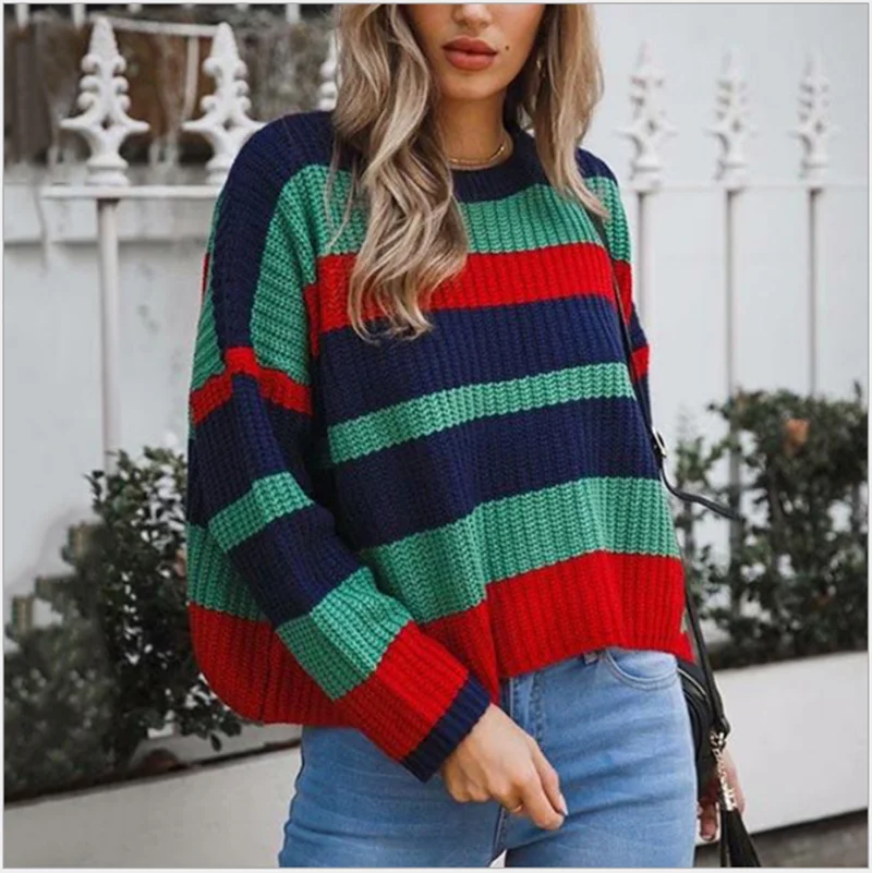 

Women's sweater 2020 new spring and autumn winter sweater popular loose large stripe color matching T-shirt sweater
