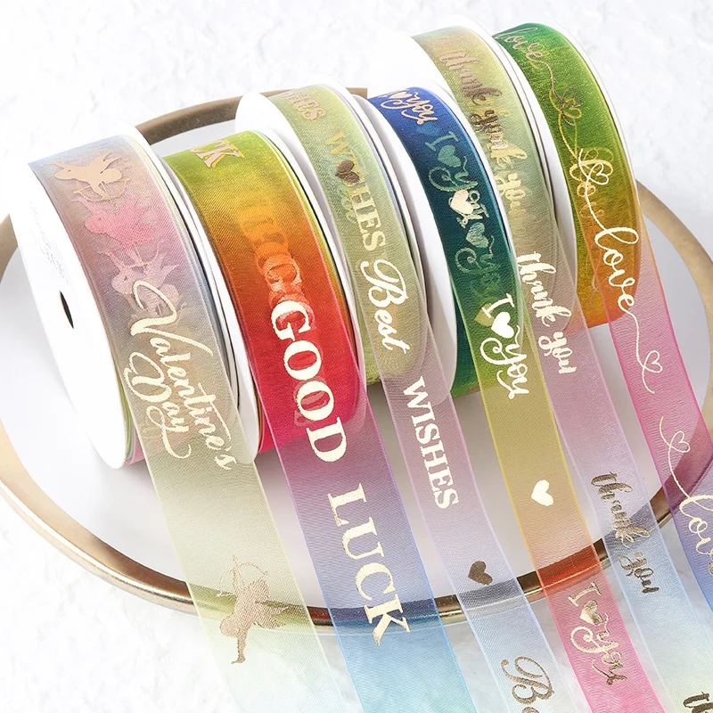 

10 yards Rainbow ribbon gradient color Gold Printed hot stamping Snow Yarn Organza Ribbon Birthday Gift Wrapping Wedding decor