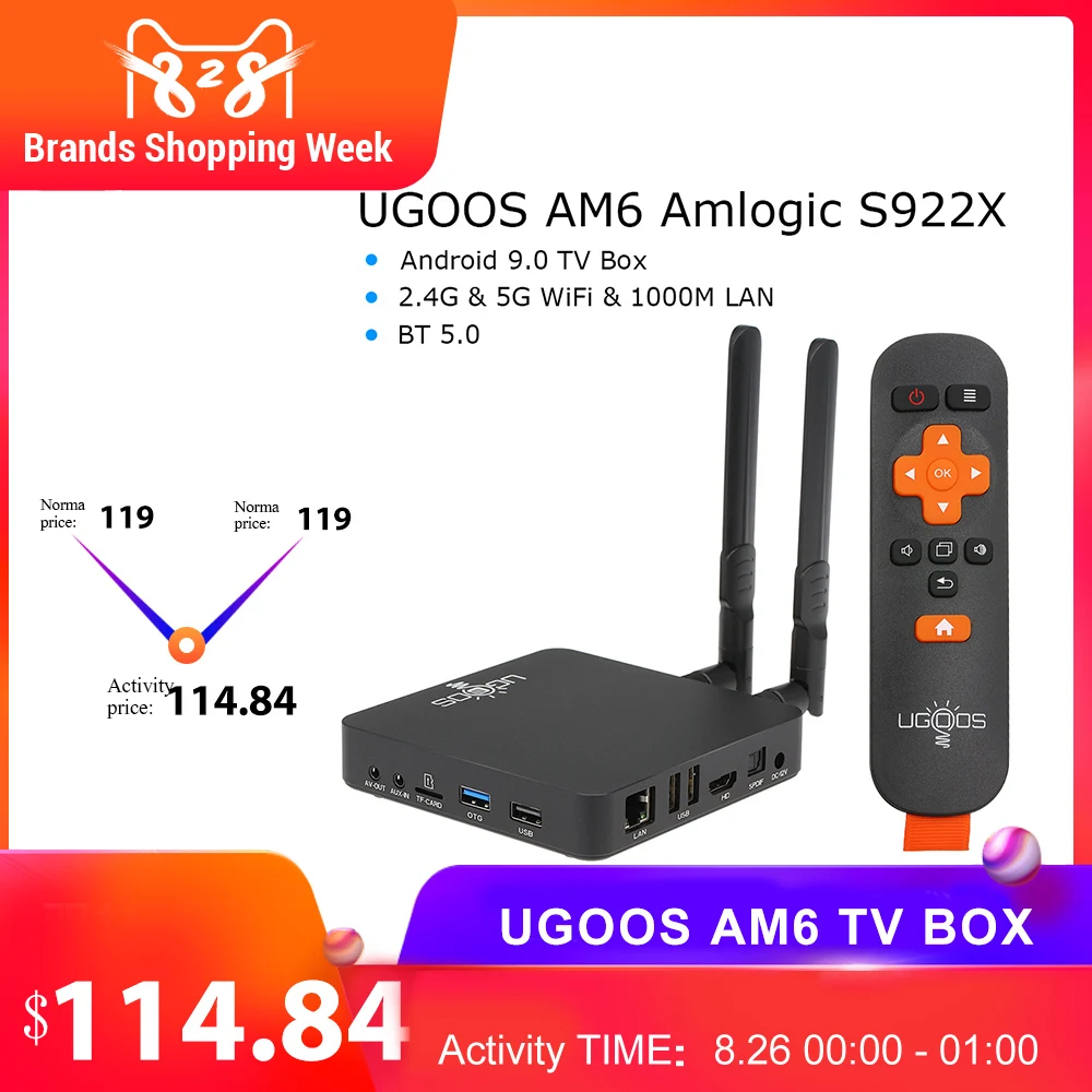

UGOOS AM6 TV Box Smart TV Box Android 9.0 UGOOS AM3 Amlogic S922X 2GB 16GB 2.4G 5G WiFi 1000M LAN DLNA BT 5.0 4K HD Media Player