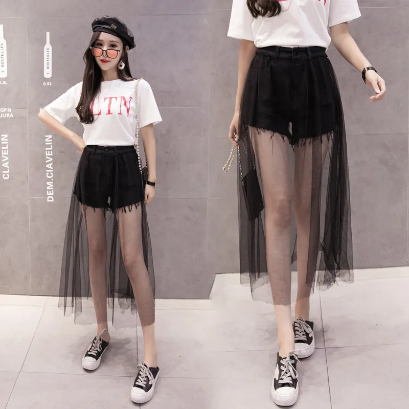 

Black/white Yarn Mesh Dress Gauze Culottes Denim Shorts Summer Hot Pants Black And White Two-color