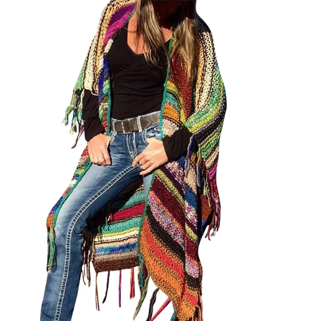 Chaqueta mujer, зимнее женское пальто, разноцветное, с этническим принтом, вязанное, с рукавом летучая мышь, с кисточками, пальто abrigos mujer invierno