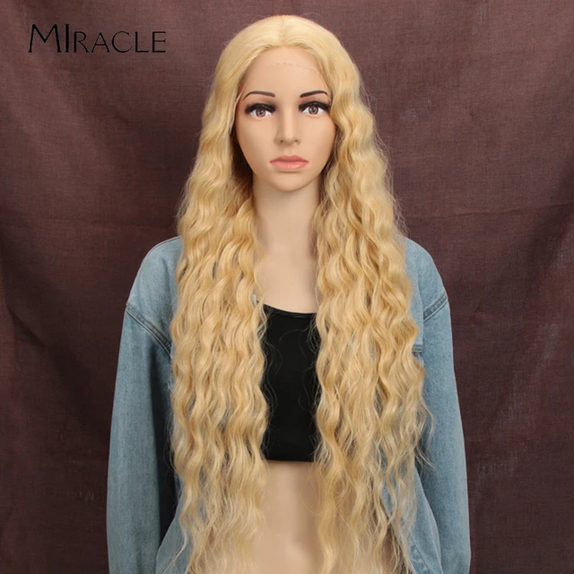 Synthetic Lace Wigs Blonde Wig Deep Wave Cosplay Lolita Wig 30Inch Ombre Blonde Wigs For Women High Temperature Fiber Miracle 86E