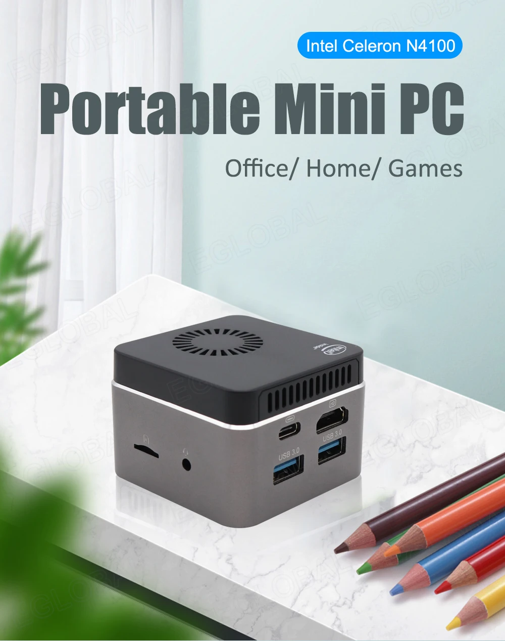 Eglobal Palm Computer with Intel Celeron N4100 Quad-Core, 8GB LPDDR4, 128GB SSD, 2.4G/5G WiFi, BT4.2, Mini PC - Windows 10 Pro Description Image.
