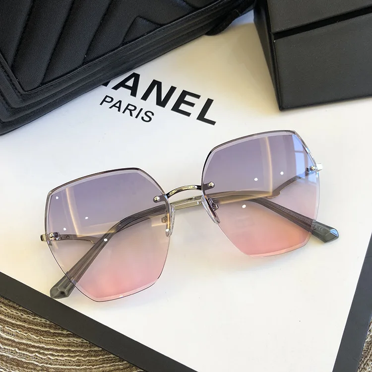 Fashion Rimless Sunglasses For Women Big Luxury Brand Designer UV400 Glasses Female Gradient Shades Women's accessories - Цвет линз: gray pink