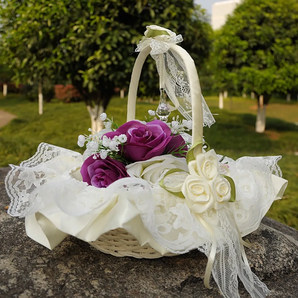 Цветочная корзина для девочек, Романтическая коллекция свадебных дней, цветочная корзина, атласная роза, лепестки, держатель для Свадебная церемония, вечеринка, украшение