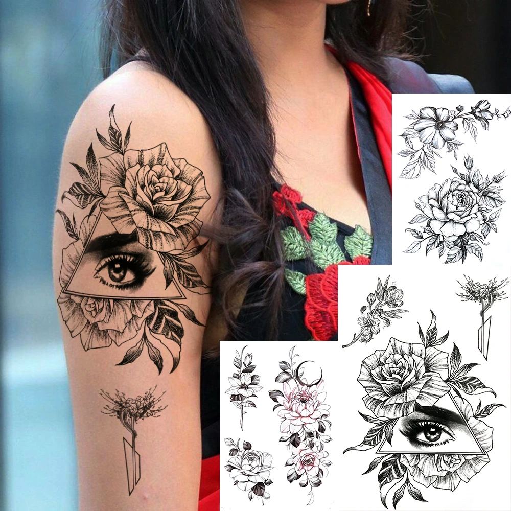 Half Sleeve Arm Flower Temporary Tattoo For Women Girls Rose Peony Fake Tattoo Sticker Black Moon Blossom Tattos Eye Triangle Temporary Tattoos Aliexpress