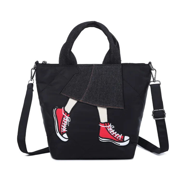 

Ougger Small Women Handbags Large Capacity Shoulder Preppy Style Black Polyester Tote bag with Embroidery for Shopping