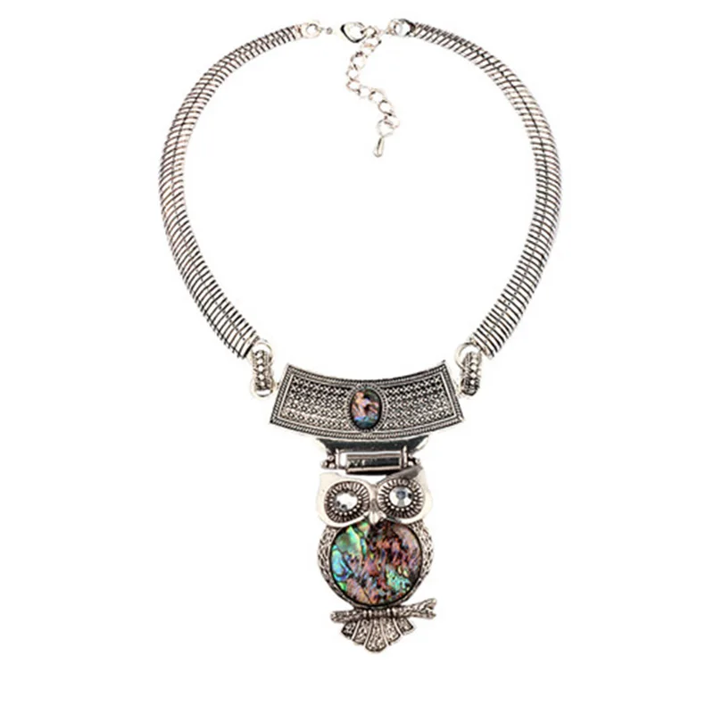 

VIVILADY Vintage Silver Color Elephant Owl Natural Abalone Shell Necklaces Women Chain Chunky Statement Jewelry Gift
