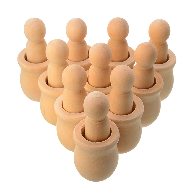 

10pcs/set Wooden Wooden Peg Doll Unpainted Wood Peg People Nesting Pots For DIY Handicraft Wood Craft Making Painting Supplies