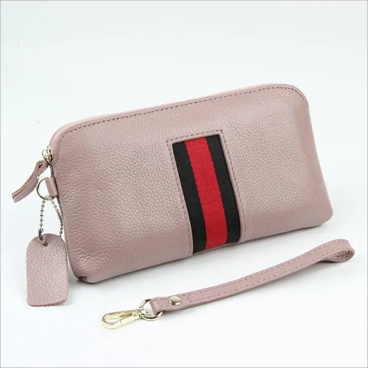 Натуральная кожа, Женский кошелек на молнии, большая емкость, с браслетом, мягкий, высокое качество, Женский кошелек для телефона, сумка в полоску - Цвет: Розовый