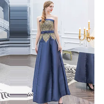 

Evening Dresses Navy Blue Tube Top Women Party Gowns 2020 Floor Length Bow Backless Robe De Soiree Sleeveless Formal Dress E624