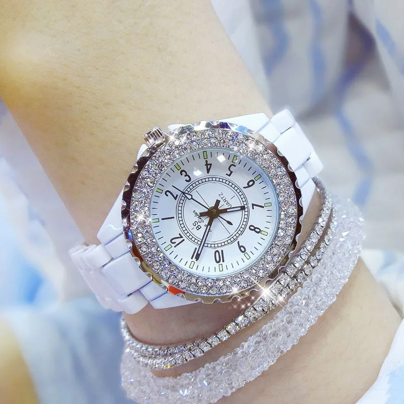 Роскошные керамические часы женские браслет часы с кристаллами Дата часы Женское платье алмазные Женские кварцевые часы на запястье часы reloj mujer - Цвет: Белый