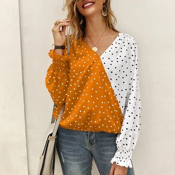

2019 Long Sleeve Women Blouse V-neck Splicing Polka Dot Contrast Color Casual Ruffle Sleeve Lady Basic Chiffon Blouses