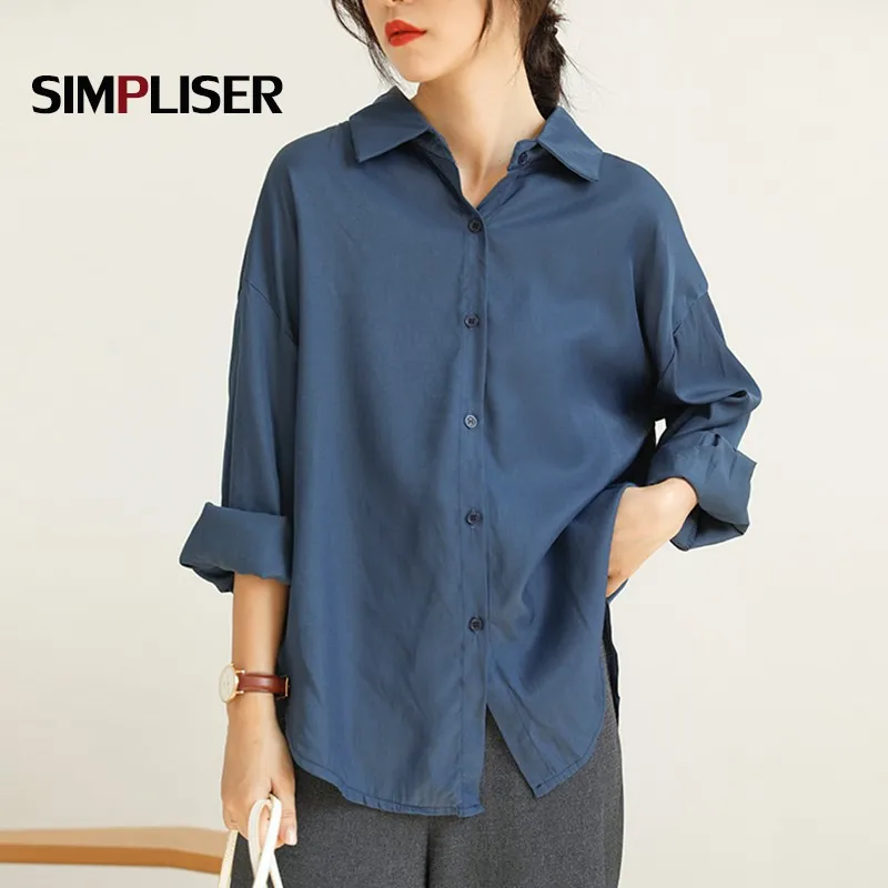 

Loose Women White Blue Shirts Satin Blouse Button Up Female Office Work Wear Top Long Sleeve Professional Suit Clothes 2021 New