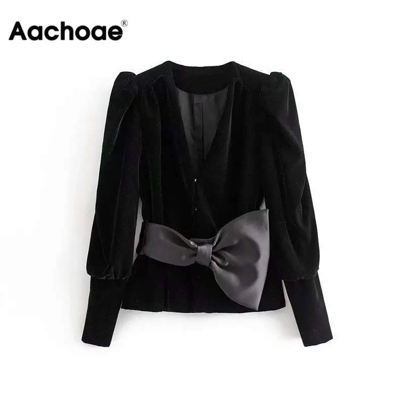 remarkable  Women Velvet Jacket Elegant Lady Deep V Neck Big Bow Sashes Long Puff Sleeve Coat Winter Chic Femal