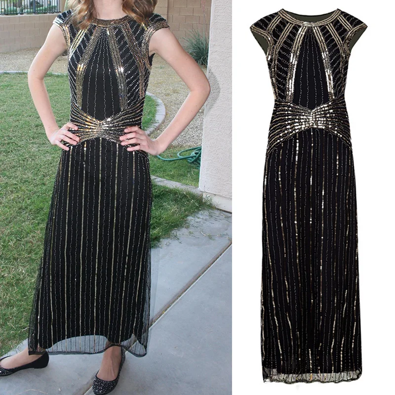 

Women's 1920s Beaded Sequin Geometric Pattern Maxi Long Gatsby Flapper Dress
