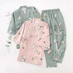 Japanese Kimono Suit Couple Pajamas Men and Women Spring and Autumn Encryption Cotton Gauze Kimono Home Service Summer Robe Sets
