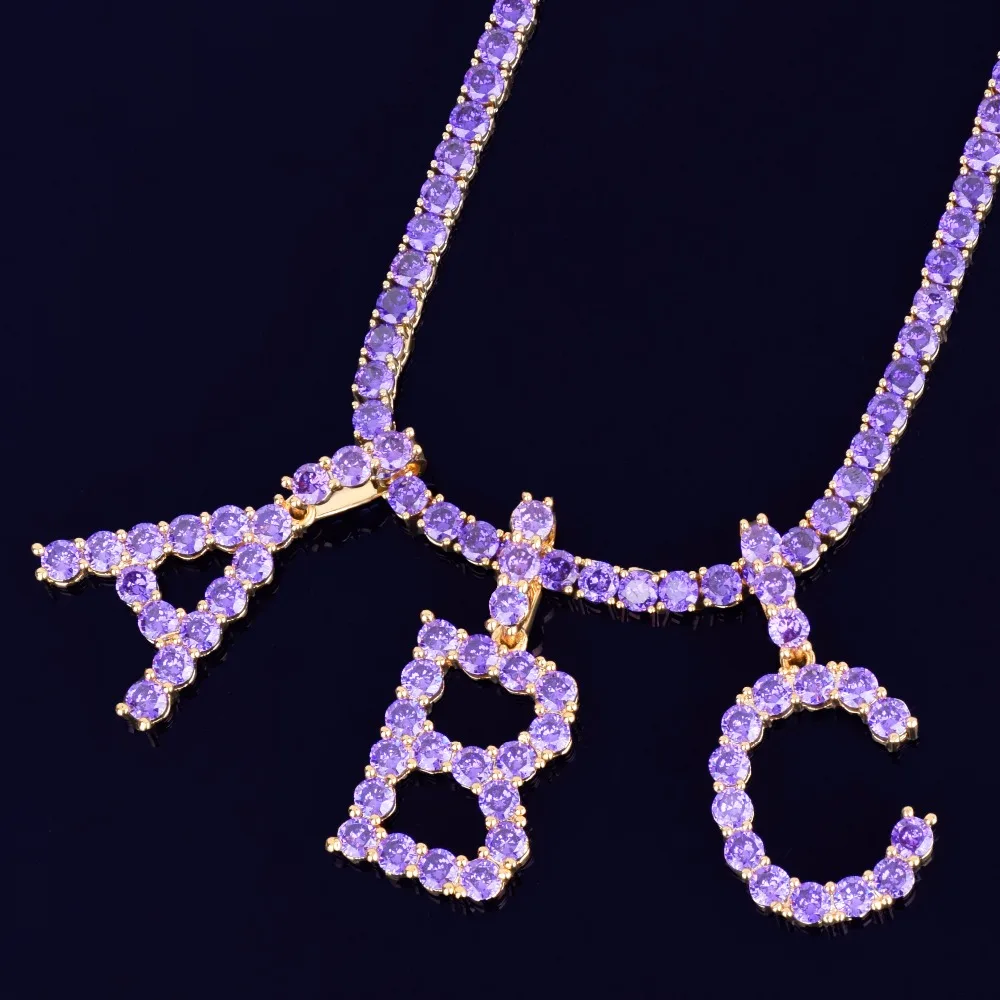 Сиреневый Циркон теннисные буквы ожерелья и кулон для мужчин/женщин золото серебро Мода хип хоп ювелирные изделия с 4 мм теннисная цепочка