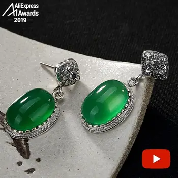 

S925 Fine Jewelry Stud Earrings Oval Earrings Luxury Taste Women Handmade Vintage emerald moldavite peridot Jade