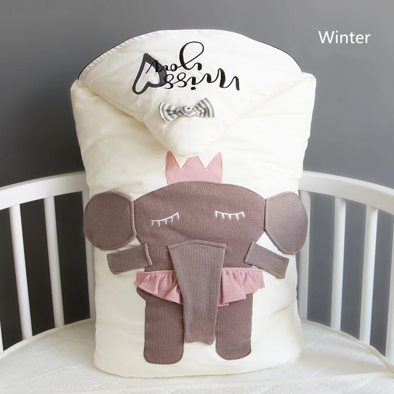 Зимний детский спальный мешок из хлопка с рисунком слона, Пеленальное Одеяло, теплое плотное ветрозащитное одеяло, спальный мешок для новорожденных - Цвет: Синий