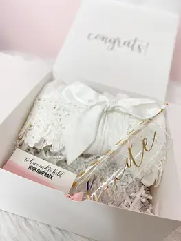 

Bride gift box set engagement gift bride white silk robe champagne flute gift for future Mrs wedding day bridal just enged