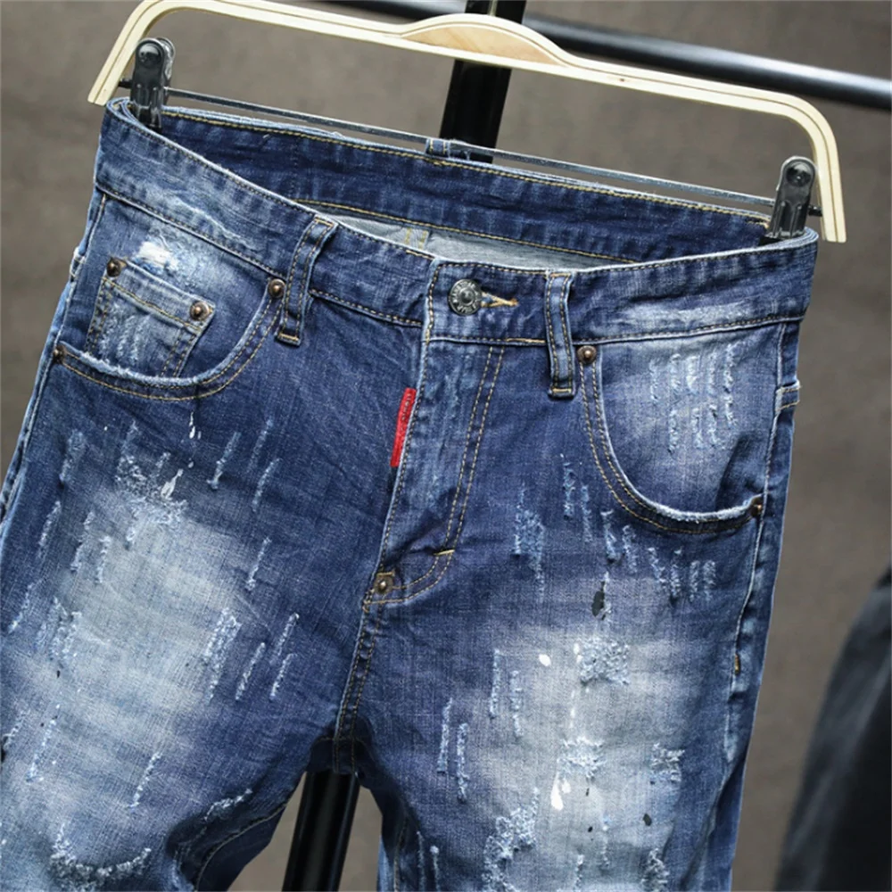 EH·MD® Claw Pattern Ripped Jeans Men's Inkjet White Dots Cat Whisker Slim Cotton Red Ears Soft Stretch Beggar Pants Reflective