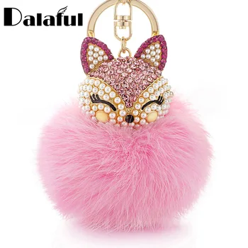 

Dalaful Lovely Fox Rabbit Fur Ball Fluffy Key Chains Rings Crystal Hotsale Bag Pendant Keyrings KeyChains For Women K283