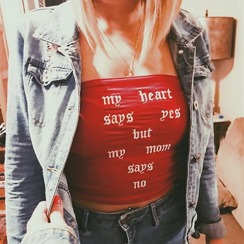 

Summer Women Tank Off Shoulder Backless Short Tank Sexy Red Solid Color Letters Print Cotton Fashion Tube Top