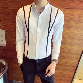 

Plus Size 5XL Simple White Shirt Men Fashion 2020 Long Sleeve Striped Gentlemen Tuxedo Dress Slim Fit Stand Collar Social Shirts