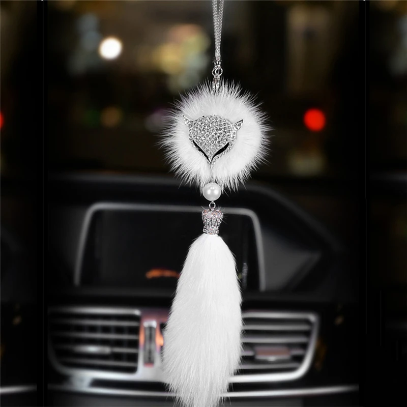 Charms crystal diamond Faux Fox Fur Cute Car pendant for lady girl creative car interior pendant Auto hanging jewelry Women gift