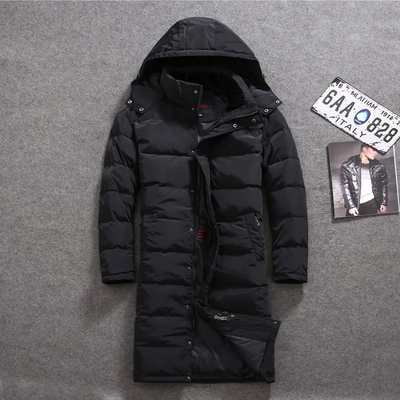 Reviews DHfinery 2020 new mens winter down jacket long design 80% white duck down coat Large hooded down coat at minus 30 degrees W556