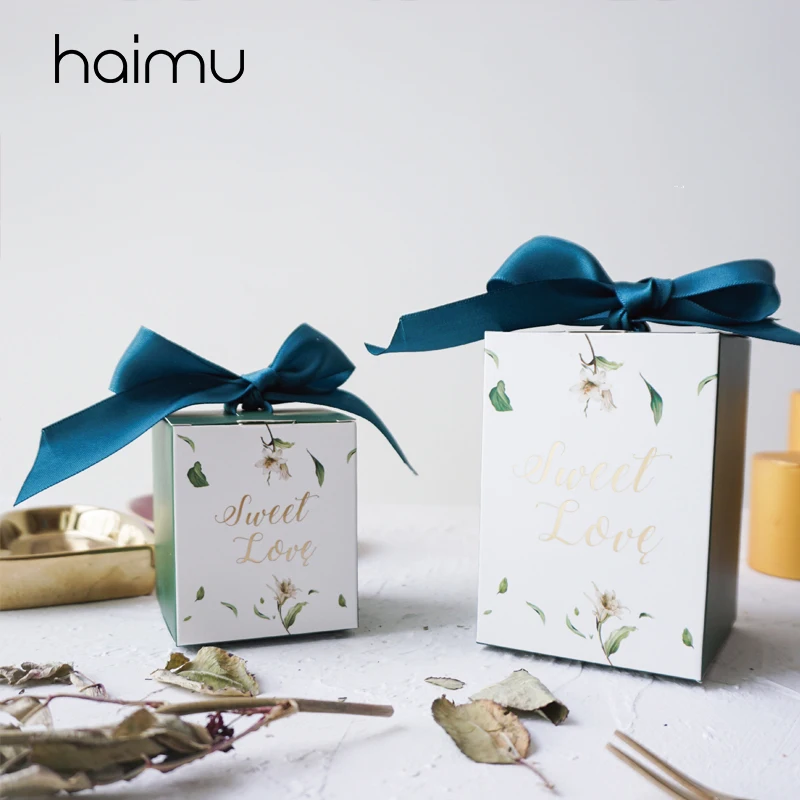 10pcs Fresh Printed Box Hold Chocolate Candy Packaging Gift Box for Wedding Favor Sugar Gift Holding Packing Boxes with Ribbon
